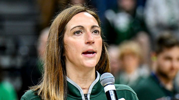 Michigan State's head coach Robyn Fralick speaks during the senior night ceremony after MSU's win over Northwestern on Wednesday, Feb. 18, 2026, at the Breslin Center in East Lansing.