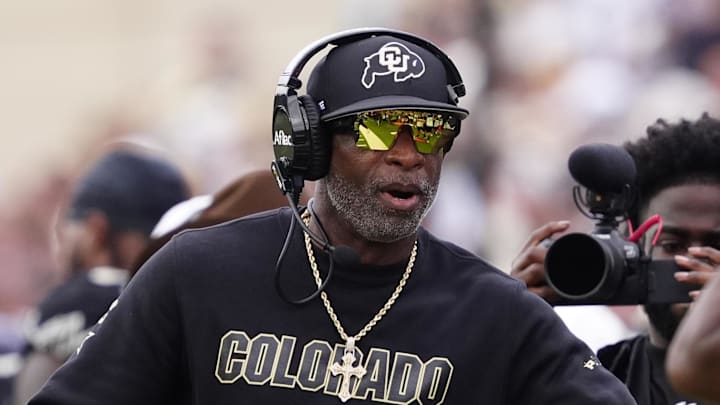 Sep 6, 2025; Boulder, Colorado, USA; Colorado Buffaloes head coach Deion Sanders during the second half against the Delaware Fightin Blue Hens at Folsom Field. Sep 6, 2025; Boulder, Colorado, USA; Colorado Buffaloes head coach Deion Sanders during the second half against the Delaware Fightin Blue Hens at Folsom Field.
