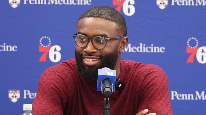 Aug 6, 2026; Camden, NJ, USA; Philadelphia 76ers guard Jaylen Brown speaks with the media during his introductory press conference at the Francis J. Myers Recreation Center on August 6, 2026. Aug 6, 2026; Camden, NJ, USA; Philadelphia 76ers guard Jaylen Brown speaks with the media during his introductory press conference at the Francis J. Myers Recreation Center on August 6, 2026.