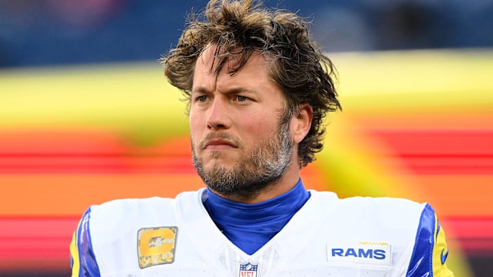 Nov 17, 2024; Foxborough, Massachusetts, USA; Los Angeles Rams quarterback Matthew Stafford (9) walks onto the field before a game against the New England Patriots at Gillette Stadium. Mandatory Credit: Brian Fluharty-Imagn Images Nov 17, 2024; Foxborough, Massachusetts, USA; Los Angeles Rams quarterback Matthew Stafford (9) walks onto the field before a game against the New England Patriots at Gillette Stadium. Mandatory Credit: Brian Fluharty-Imagn Images