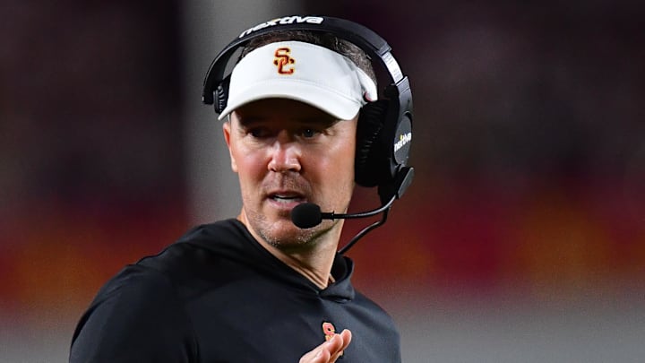 Oct 7, 2023; Los Angeles, California, USA; Southern California Trojans head coach Lincoln Riley watches game action against the Arizona Wildcats during the first half at Los Angeles Memorial Coliseum. Mandatory Credit: Gary A. Vasquez-Imagn Images