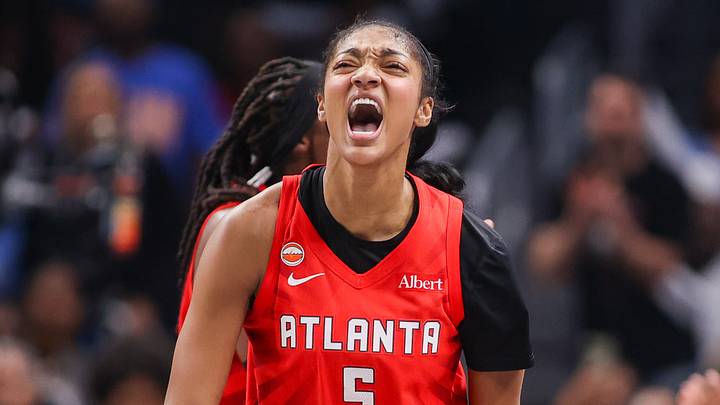 Atlanta, Georgia, USA; Atlanta Dream forward Angel Reese (5) reacts after a play against the Golden State Valkyries in the second quarter during game six of the 2026 WNBA Finals at State Farm Arena on October 29, 2026. 