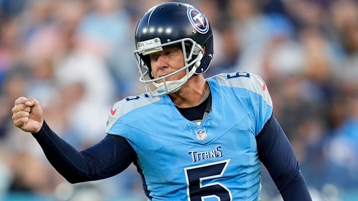 Tennessee Titans kicker Nick Folk (6) celebrates an extra point against the Seattle Seahawks during the second quarter at Nissan Stadium in Nashville, Tenn., Saturday, Aug. 17, 2024.