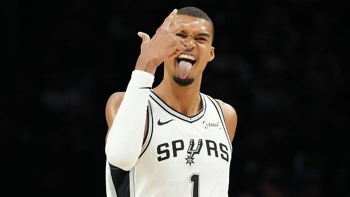 May 8, 2026; Minneapolis, Minnesota, USA; San Antonio Spurs forward Victor Wembanyama (1) celebrates making a three point shot against the  Minnesota Timberwolves in the second half during game three of the second round of the 2026 NBA Playoffs at Target Center. Mandatory Credit: Jesse Johnson-Imagn Images