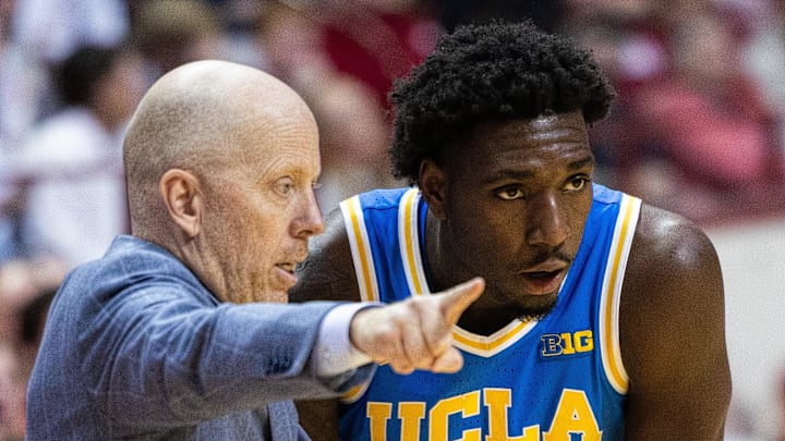 Feb 14, 2025; Bloomington, Indiana, USA; UCLA Bruins head coach Mick Cronin talks to guard Eric Dailey Jr. (3) in the second half against the Indiana Hoosiers at Simon Skjodt Assembly Hall. Mandatory Credit: Trevor Ruszkowski-Imagn Images