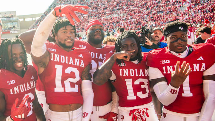 The Indiana Hoosiers celebrate after defeating Washington at Memorial Stadium.