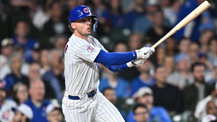 Mar 30, 2026; Chicago, Illinois, USA; Chicago Cubs second baseman Nico Hoerner (2) hits a double against the Los Angeles Angels during the third inning at Wrigley Field. Mandatory Credit: Patrick Gorski-Imagn Images Mar 30, 2026; Chicago, Illinois, USA; Chicago Cubs second baseman Nico Hoerner (2) hits a double against the Los Angeles Angels during the third inning at Wrigley Field. Mandatory Credit: Patrick Gorski-Imagn Images