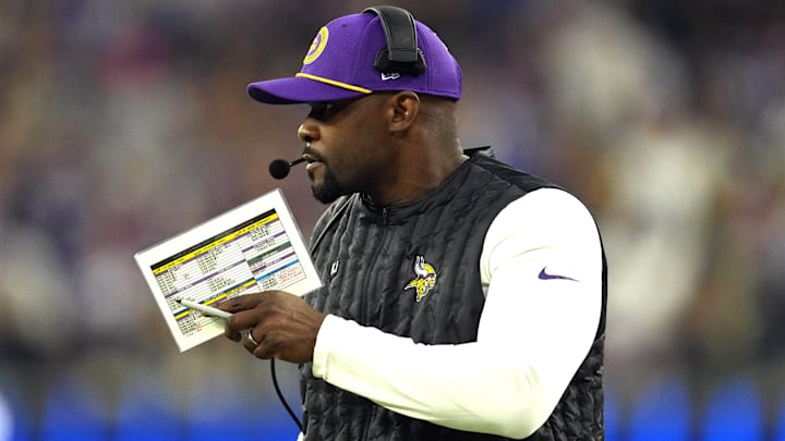 Minnesota Vikings defensive coordinator Brian Flores watches from the sidelines against the Los Angeles Rams. Minnesota Vikings defensive coordinator Brian Flores watches from the sidelines against the Los Angeles Rams.