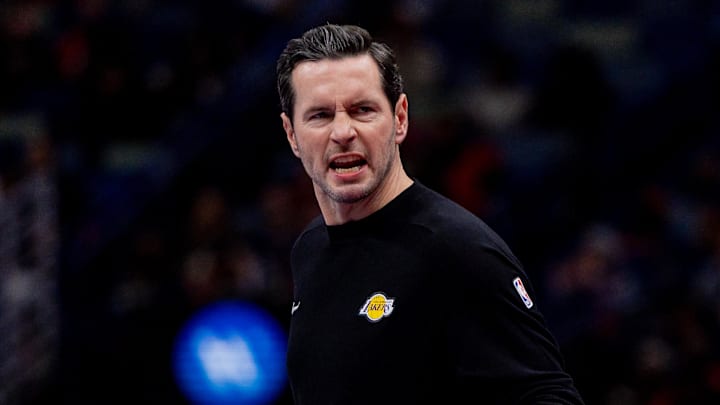 Nov 14, 2025; New Orleans, Louisiana, USA;  Los Angeles Lakers Head Coach JJ Redick at the bench against the New Orleans Pelicans during the first half at Smoothie King Center. Mandatory Credit: Stephen Lew-Imagn Images