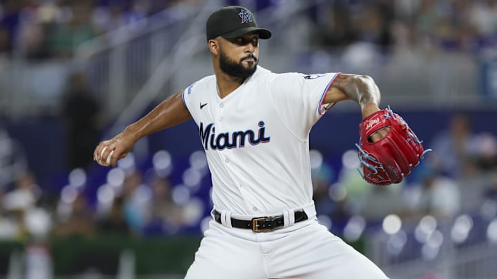 Aug 1, 2023; Miami, Florida, USA; Miami Marlins starting pitcher Sandy Alcantara (22) delivers a pitch against the Philadelphia Phillies during the first inning at loanDepot Park. Mandatory Credit: Sam Navarro-Imagn Images