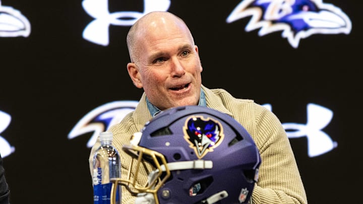 Jan 29, 2026; Owings Mills, MD, USA; Eric DeCosta at press conference discussing future of Baltimore Ravens at Under Armour Performance Center. Mandatory Credit: Lexi Thompson-Imagn Images