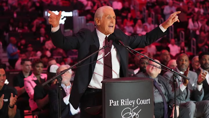 Oct 23, 2024; Miami, Florida, USA; Miami Heat president Pat Riley addresses the crowd during the Pat Riley Court dedication ceremony at halftime at Kaseya Center. Mandatory Credit: Jim Rassol-Imagn Images Oct 23, 2024; Miami, Florida, USA; Miami Heat president Pat Riley addresses the crowd during the Pat Riley Court dedication ceremony at halftime at Kaseya Center. Mandatory Credit: Jim Rassol-Imagn Images
