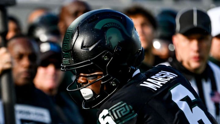 Michigan State's Nick Marsh catches a pass against Indiana during the first quarter on Saturday, Nov. 2, 2024, at Spartan Stadium in East Lansing. Michigan State's Nick Marsh catches a pass against Indiana during the first quarter on Saturday, Nov. 2, 2024, at Spartan Stadium in East Lansing.