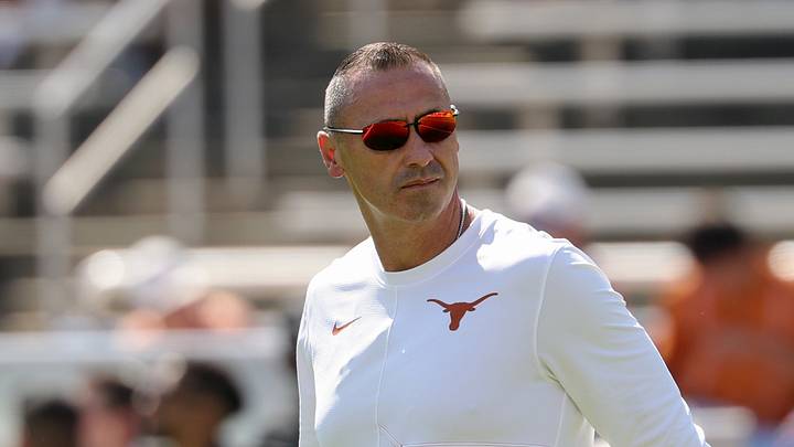 Texas Longhorns head coach Steve Sarkisian looks on before the game against the Oklahoma Sooners at Cotton Bowl. Texas Longhorns head coach Steve Sarkisian looks on before the game against the Oklahoma Sooners at Cotton Bowl.