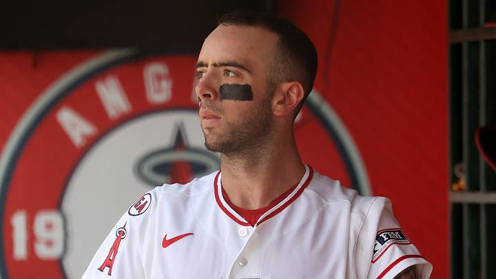 Anaheim, California, USA;  Los Angeles Angels shortstop Zach Neto (9) looks on in the dugout during the second inning against the Minnesota Twins at Angel Stadium. Mandatory Credit: Kiyoshi Mio-Imagn Images