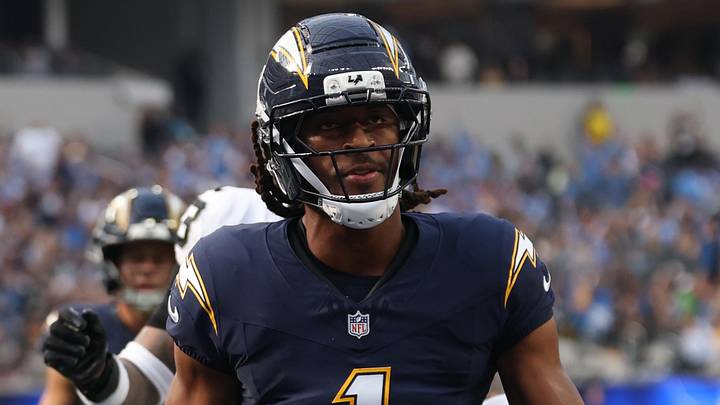 Nov 30, 2025; Inglewood, California, USA; Los Angeles Chargers wide receiver Quentin Johnston (1) reacts after scoring a touchdown against the Las Vegas Raiders during the first half at SoFi Stadium. Mandatory Credit: Kiyoshi Mio-Imagn Images Nov 30, 2025; Inglewood, California, USA; Los Angeles Chargers wide receiver Quentin Johnston (1) reacts after scoring a touchdown against the Las Vegas Raiders during the first half at SoFi Stadium. Mandatory Credit: Kiyoshi Mio-Imagn Images