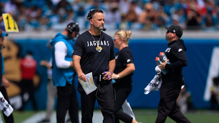 Jacksonville Jaguars defensive coordinator Anthony Campanile looks on during the first quarter of an NFL football matchup at EverBank Stadium, Sunday, Sept. 21, 2025, in Jacksonville, Fla. The Jaguars defeated the Texans 17-10. The Jaguars defeated the Texans 17-10.
