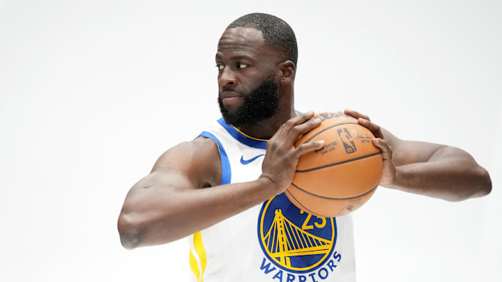 Sep 29, 2025; San Francisco, CA, USA; Golden State Warriors forward Draymond Green (23) holds onto the ball during Media Day at the Chase Center. Sep 29, 2025; San Francisco, CA, USA; Golden State Warriors forward Draymond Green (23) holds onto the ball during Media Day at the Chase Center.