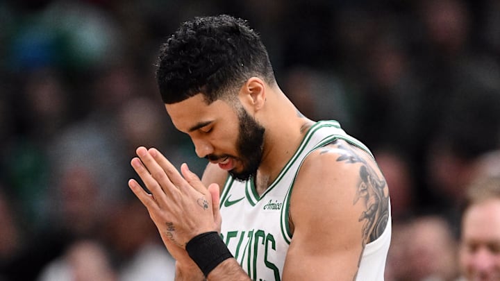 Mar 8, 2025; Boston, Massachusetts, USA; Boston Celtics forward Jayson Tatum (0) reacts before a game against the Los Angeles Lakers at the TD Garden. Mandatory Credit: Brian Fluharty-Imagn Images