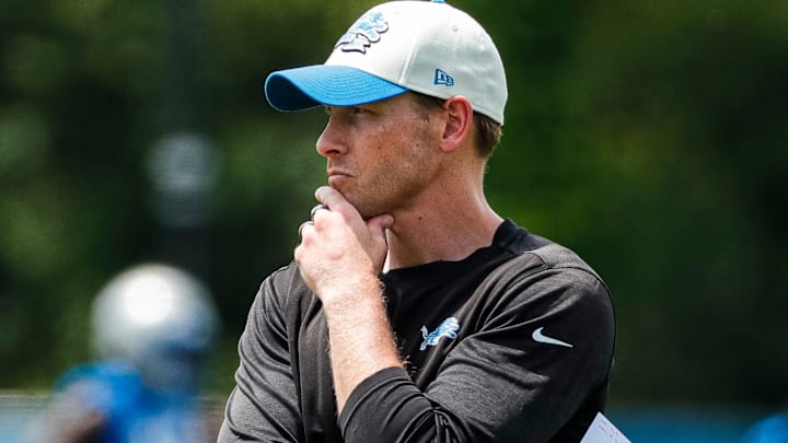 Detroit Lions offensive coordinator Ben Johnson watches practice during mini camp at Detroit Lions headquarters and practice facility in Allen Park on Tuesday, June 4, 2024. Detroit Lions offensive coordinator Ben Johnson watches practice during mini camp at Detroit Lions headquarters and practice facility in Allen Park on Tuesday, June 4, 2024.