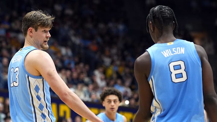 Jan 17, 2026; Berkeley, California, USA; North Carolina Tar Heels center Henri Veesaar (13) and forward Caleb Wilson (8) slap hands during the second half against the California Golden Bears at Haas Pavilion. Mandatory Credit: Darren Yamashita-Imagn Images