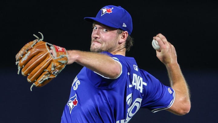 Sep 15, 2025; Tampa, Florida, USA; Toronto Blue Jays starting pitcher Trey Yesavage (39) throws a pitch against the Tampa Bay Rays in the third inning at George M. Steinbrenner Field. 