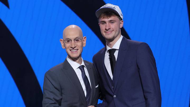 Jun 25, 2025; Brooklyn, NY, USA; Cooper Flagg poses with NBA commissioner Adam Silver after being selected as first overall by the Dallas Mavericks in the first round of the 2025 NBA Draft at Barclays Center. Mandatory Credit: Brad Penner-Imagn Images Jun 25, 2025; Brooklyn, NY, USA; Cooper Flagg poses with NBA commissioner Adam Silver after being selected as first overall by the Dallas Mavericks in the first round of the 2025 NBA Draft at Barclays Center. Mandatory Credit: Brad Penner-Imagn Images