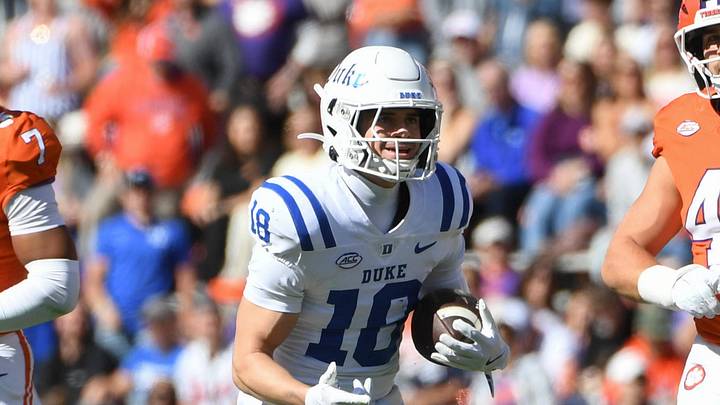Nov 1, 2025; Clemson, South Carolina, USA; Duke Blue Devils wide receiver Cooper Barkate (18) celebrates after picking up a first down during the NCAA football game against the Clemson Tigers at Memorial Stadium. Mandatory Credit: Alex Martin-Imagn Images Nov 1, 2025; Clemson, South Carolina, USA; Duke Blue Devils wide receiver Cooper Barkate (18) celebrates after picking up a first down during the NCAA football game against the Clemson Tigers at Memorial Stadium. Mandatory Credit: Alex Martin-Imagn Images