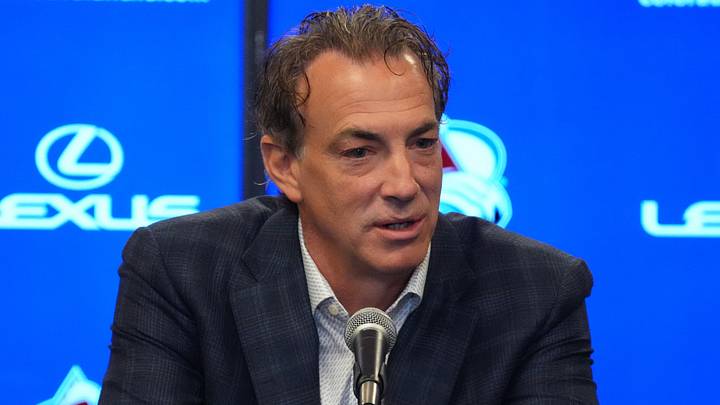 Feb 10, 2022; Denver, Colorado, USA; Colorado Avalanche general manager Joe Sakic speaks to the media before the game Boston Bruins at Ball Arena. Mandatory Credit: Ron Chenoy-Imagn Images Feb 10, 2022; Denver, Colorado, USA; Colorado Avalanche general manager Joe Sakic speaks to the media before the game Boston Bruins at Ball Arena. Mandatory Credit: Ron Chenoy-Imagn Images