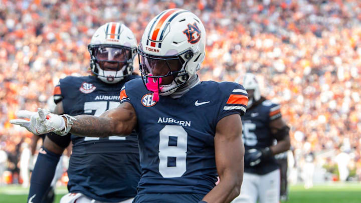 Auburn Tigers wide receiver Cam Coleman celebrates his touchdown as Auburn Tigers take on Mercer Bears at Jordan-Hare Stadium in Auburn, Ala.