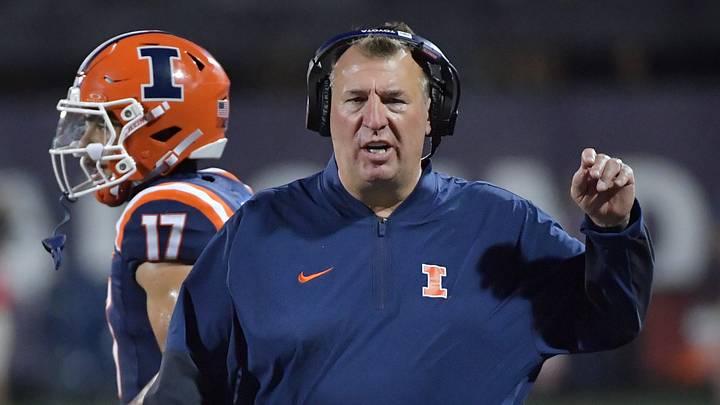 Sep 13, 2025; Champaign, Illinois, USA;  Illinois Fighting Illini head coach Bret Bielema reacts during the second half against the Western Michigan Broncos at Memorial Stadium. Mandatory Credit: Ron Johnson-Imagn Images