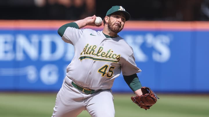Apr 12, 2026; New York City, New York, USA;  Athletics starting pitcher Aaron Civale (45) pitches in the third inning against the New York Mets at Citi Field. Mandatory Credit: Wendell Cruz-Imagn Images