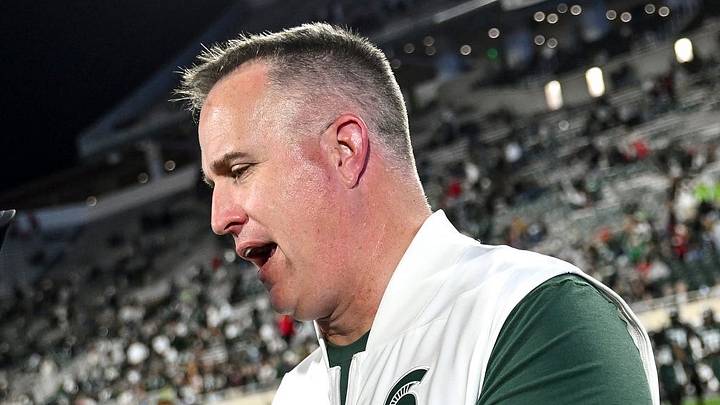 Michigan State’s head coach Pat Fitzgerald, right, shakes hands with Nebraska head coach Matt Rhule after the game on Saturday, Sept. 26, 2026, in East Lansing. Michigan State’s head coach Pat Fitzgerald, right, shakes hands with Nebraska head coach Matt Rhule after the game on Saturday, Sept. 26, 2026, in East Lansing.