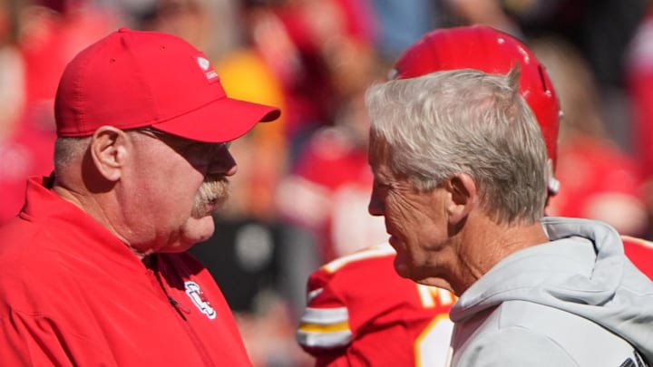 Oct 19, 2025; Kansas City, Missouri, USA; Kansas City Chiefs head coach Andy Reid shakes hands with Las Vegas Raiders head coach Pete Carroll during warmups prior to the game at GEHA Field at Arrowhead Stadium. Mandatory Credit: Denny Medley-Imagn Images