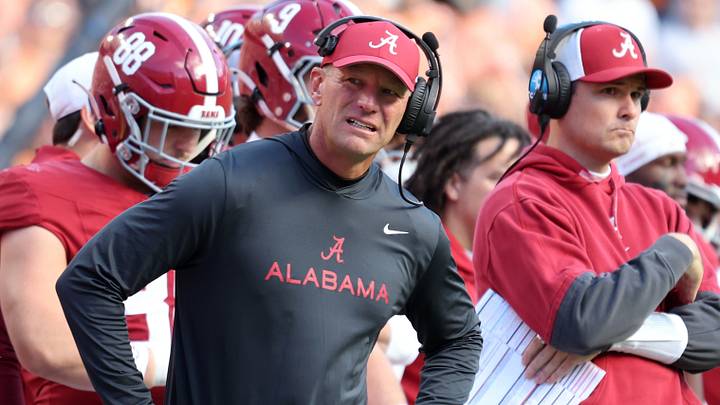 Oct 17, 2026; Knoxville, Tennessee, USA;  Alabama Crimson Tide head coach Kalen DeBoer reacts during the first half against the Tennessee Volunteers at Neyland Stadium.  Mandatory Credit: Randy Sartin-Imagn Images
