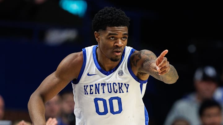 Nov 21, 2025; Lexington, Kentucky, USA; Kentucky Wildcats guard Otega Oweh (00) reacts after making a three point basket during the first half against the Loyola (MD) Greyhounds at Rupp Arena at Central Bank Center. Mandatory Credit: Jordan Prather-Imagn Images