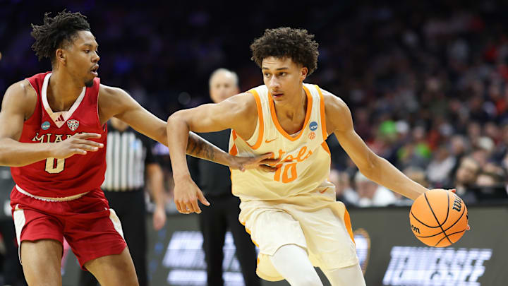 Mar 20, 2026; Philadelphia, PA, USA; Tennessee Volunteers forward Nate Ament (10) drives against Miami (OH) RedHawks forward Eian Elmer (0) during the second half during a first round game of the men's 2026 NCAA Tournament at Xfinity Mobile Arena. Mandatory Credit: Bill Streicher-Imagn Images Mar 20, 2026; Philadelphia, PA, USA; Tennessee Volunteers forward Nate Ament (10) drives against Miami (OH) RedHawks forward Eian Elmer (0) during the second half during a first round game of the men's 2026 NCAA Tournament at Xfinity Mobile Arena. Mandatory Credit: Bill Streicher-Imagn Images