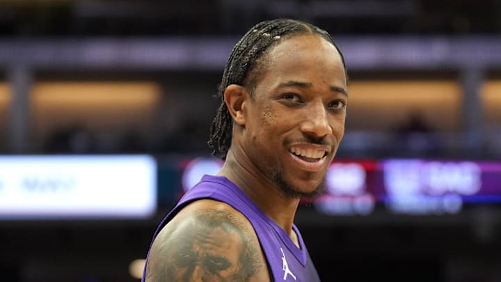 Apr 11, 2025; Sacramento, California, USA; Sacramento Kings forward DeMar DeRozan (10) during the third quarter against the Los Angeles Clippers at Golden 1 Center. Mandatory Credit: Darren Yamashita-Imagn Images