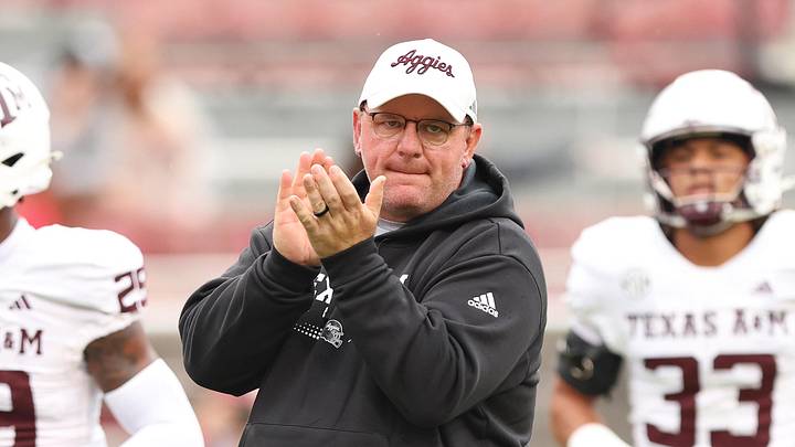 Texas A&M Aggies head coach Mike Elko prior to the game against the Arkansas Razorbacks at Donald W. Reynolds Razorback Stadium