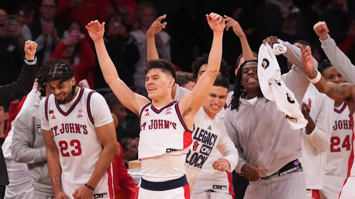 Mar 14, 2026; New York, NY, USA; The St. John's basketball bench celebrates winning the men's Big East Conference Tournament Championship against the Connecticut Huskies at Madison Square Garden.