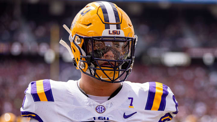 Sep 14, 2024; Columbia, South Carolina, USA; LSU Tigers offensive tackle Will Campbell (66) warms up before a game against the South Carolina Gamecocks at Williams-Brice Stadium. Mandatory Credit: Scott Kinser-Imagn Images