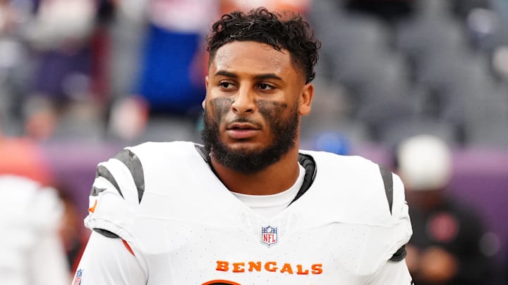Sep 29, 2025; Denver, Colorado, USA;  Cincinnati Bengals safety Geno Stone (22) looks on before the game against the Denver Broncos at Empower Field at Mile High. Mandatory Credit: Ron Chenoy-Imagn Images