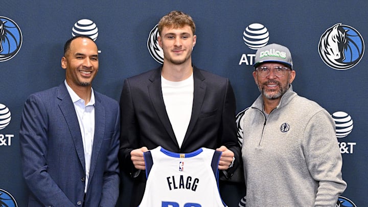 Jun 27, 2025; Dallas, TX, USA; (from left) Dallas Mavericks general manager Nico Harrison and Mavericks first overall pick Cooper Flagg and head coach Jason Kidd pose for a photo at the Dallas Mavericks Practice Facility. Mandatory Credit: Jerome Miron-Imagn Images