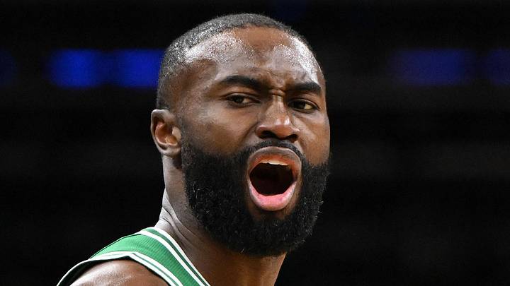 Dec 2, 2025; Boston, Massachusetts, USA; Boston Celtics guard Jaylen Brown (7) reacts after scoring against the New York Knicks during the second half at the TD Garden. Mandatory Credit: Brian Fluharty-Imagn Images