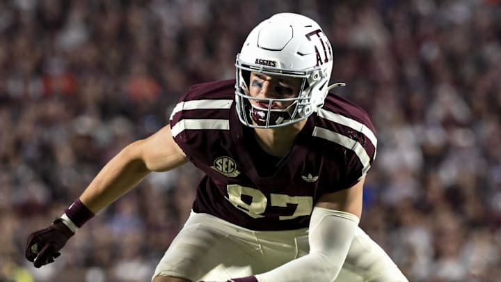 Oct 11, 2025; College Station, Texas, USA; Texas A&M Aggies tight end Nate Boerkircher (87) runs a route during the second half against the Florida Gators at Kyle Field. Mandatory Credit: Maria Lysaker-Imagn Images 