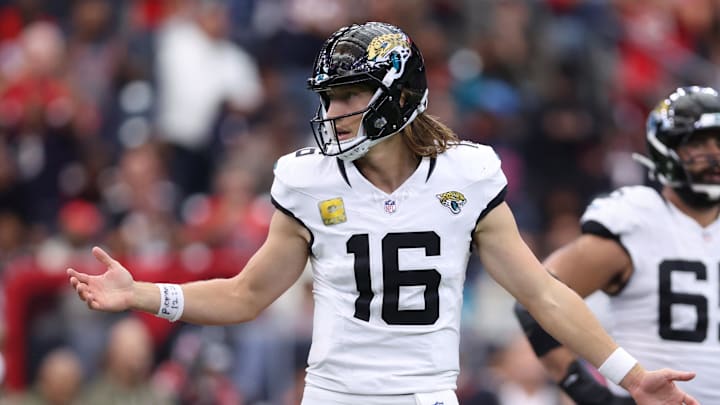 Nov 9, 2025; Houston, Texas, USA; Jacksonville Jaguars quarterback Trevor Lawrence (16) looks towards the bench against the Houston Texans during the second half at NRG Stadium. Mandatory Credit: Troy Taormina-Imagn Images Nov 9, 2025; Houston, Texas, USA; Jacksonville Jaguars quarterback Trevor Lawrence (16) looks towards the bench against the Houston Texans during the second half at NRG Stadium. Mandatory Credit: Troy Taormina-Imagn Images