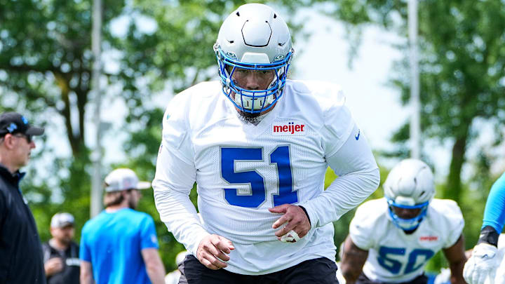 Detroit Lions defensive tackle Roy Lopez (51) practices during OTA at Meijer Performance Center in Allen Park on Friday, May 30, 2025.