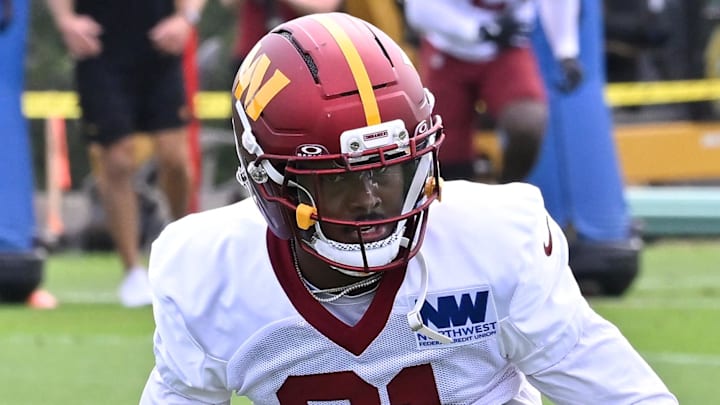 Aug 6, 2025; Foxborough, MA, USA; Washington Commanders cornerback Jonathan Jones (31) and cornerback Marshon Lattimore (2) do a drill at training camp at Gillette Stadium. Mandatory Credit: Eric Canha-Imagn Images