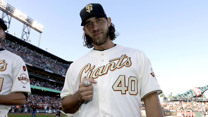 San Francisco Giants pitcher Madison Bumgarner wears 2014 World Series ring.