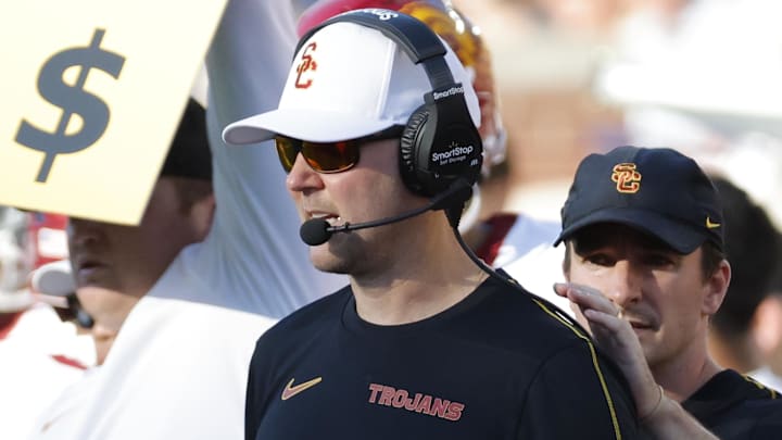 Sep 21, 2024; Ann Arbor, Michigan, USA;  USC Trojans head coach Lincoln Riley on the sideline in the second half against the Michigan Wolverines at Michigan Stadium. Mandatory Credit: Rick Osentoski-Imagn Images
